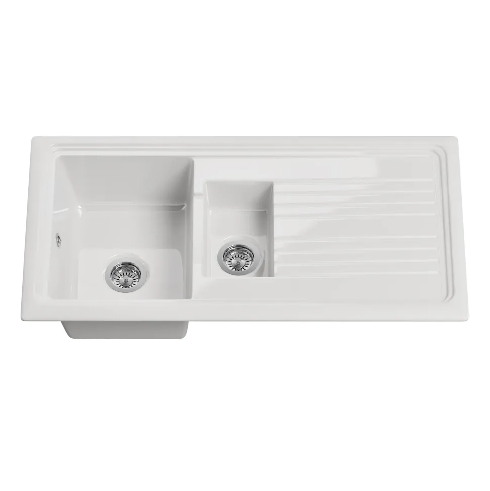 Butler & Rose 1.5 Bowl White Ceramic Kitchen Sink with Reversible Drainer - 1010mm x 525mm