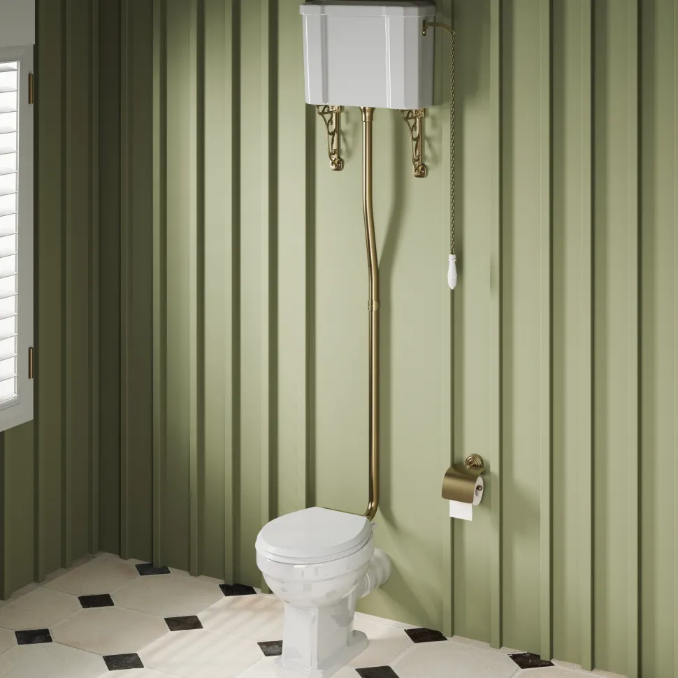 Butler & Rose Catherine Traditional High Level Toilet with Pan, Cistern & Brushed Brass Flush Pipe Set