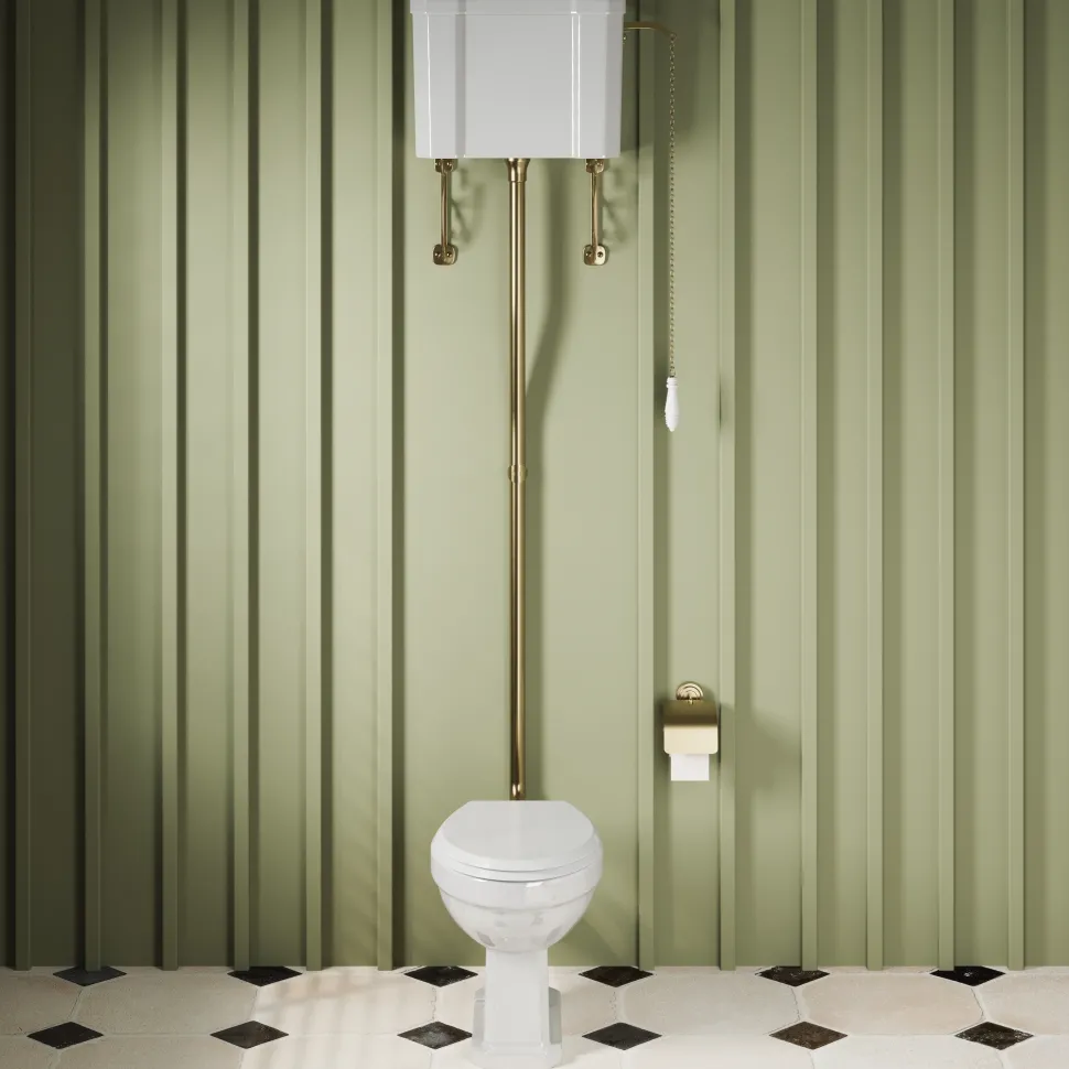 Butler & Rose Catherine Traditional High Level Toilet with Pan, Cistern & Brushed Brass Flush Pipe Set