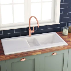 Butler & Rose Dream 1.5 Bowl White Ceramic Fireclay Kitchen Sink with Reversible Drainer & Waste Kit - 1010mm x 510mm