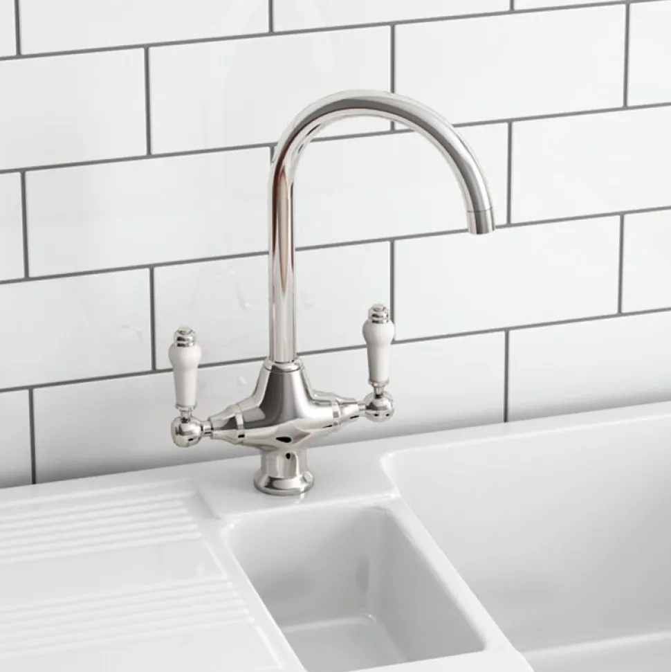 Butler & Rose Dream 1.5 Bowl White Ceramic Fireclay Kitchen Sink & Victoria Traditional Kitchen Mixer Tap