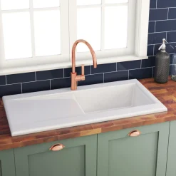 Butler & Rose Dream White Ceramic Fireclay Single Bowl Kitchen Sink with Reversible Drainer & Waste Kit - 1010mm x 510mm