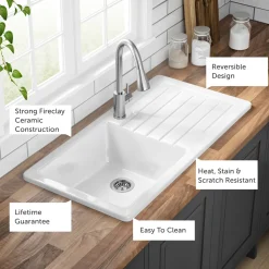 Butler & Rose Farmhouse 1 Bowl White Ceramic Kitchen Sink with Reversible Drainer - 1000 x 500mm