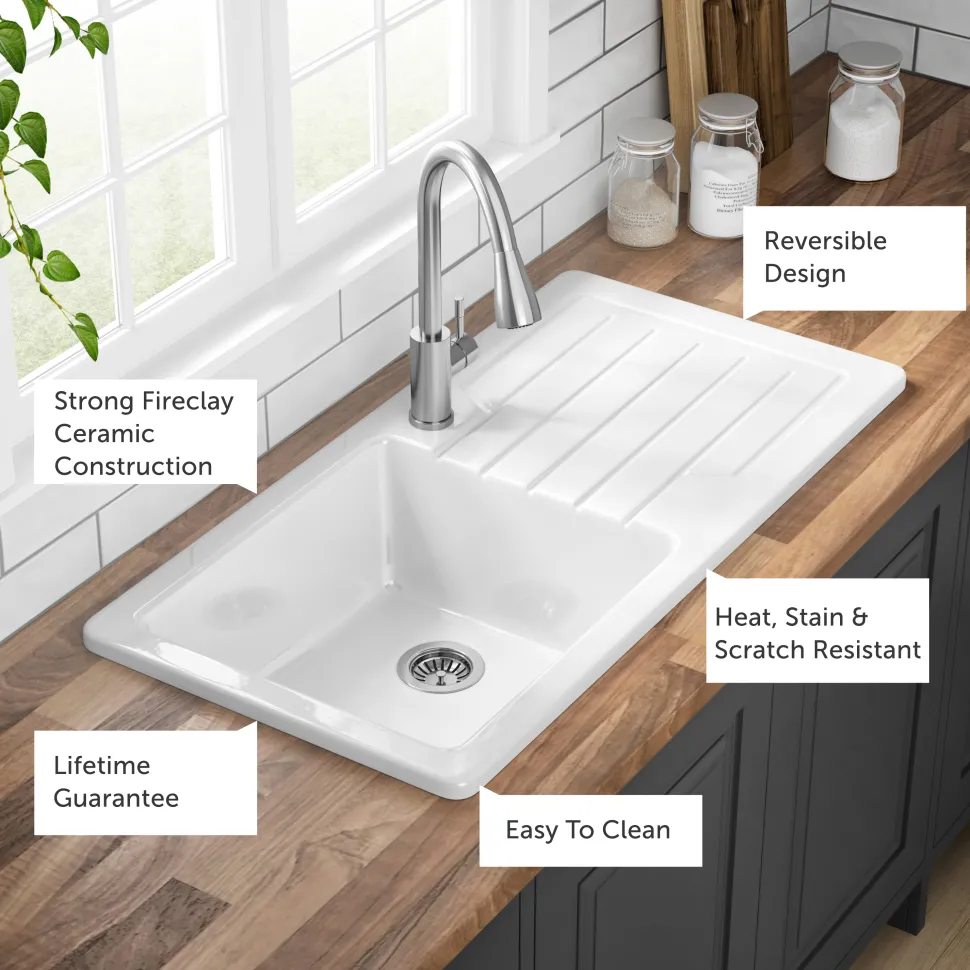 Butler & Rose Farmhouse 1 Bowl White Ceramic Kitchen Sink with Reversible Drainer - 1000 x 500mm