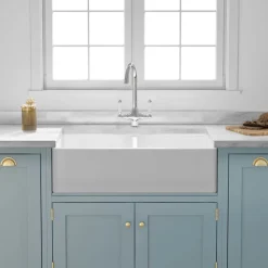 Butler & Rose Fireclay Ceramic White Double Belfast Kitchen Sink, Tap & Waste