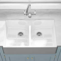 Butler & Rose Fireclay Ceramic White Double Belfast Kitchen Sink, Tap & Waste