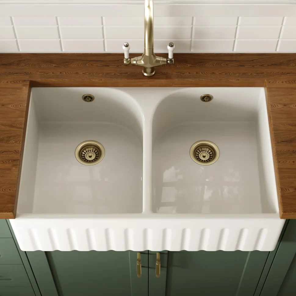 Butler & Rose Fluted Ceramic Fireclay Double Belfast / Butler Kitchen Sink - 795 x 500mm