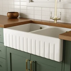 Butler & Rose Fluted Ceramic Fireclay Double Belfast / Butler Kitchen Sink - 795 x 500mm