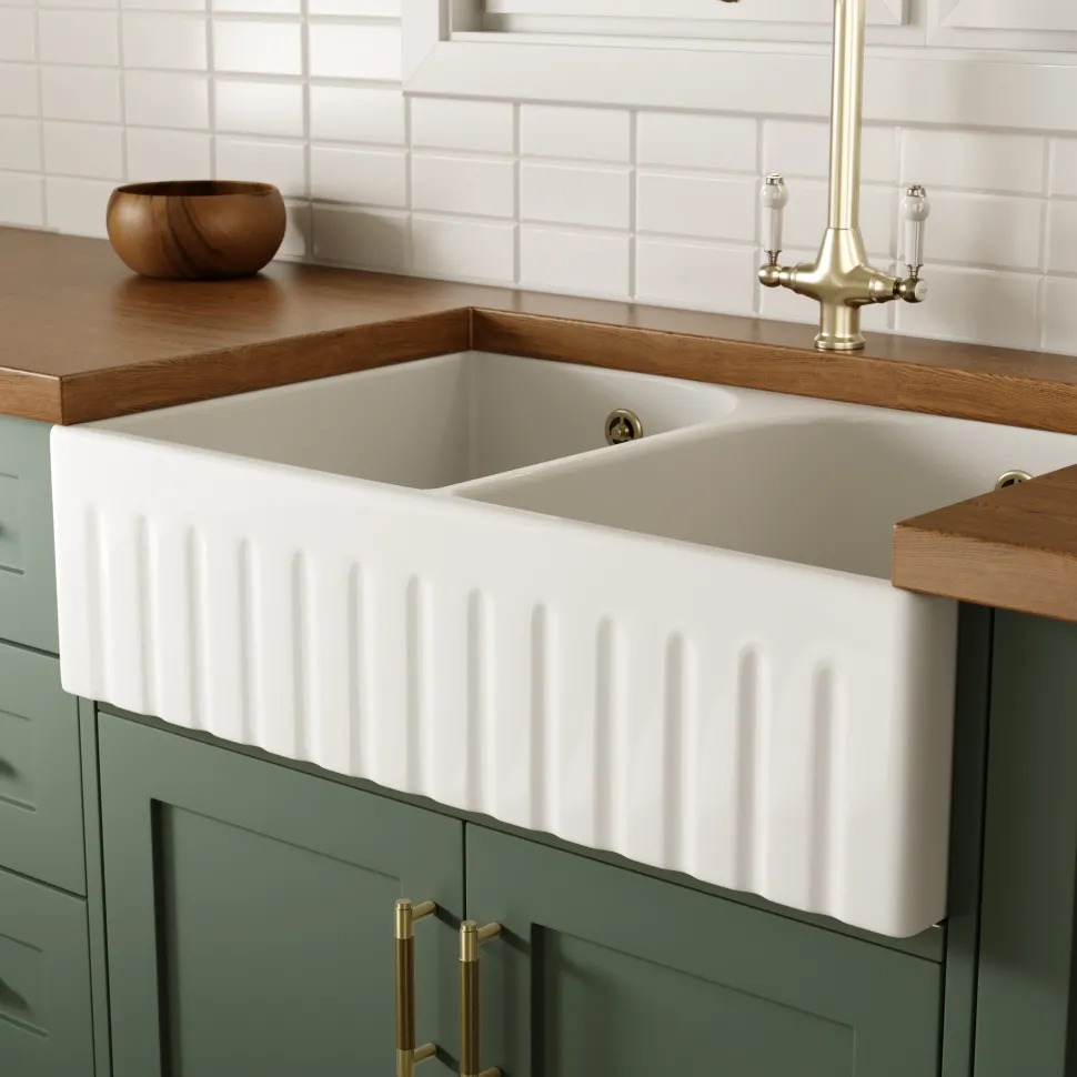 Butler & Rose Fluted Ceramic Fireclay Double Belfast / Butler Kitchen Sink - 795 x 500mm