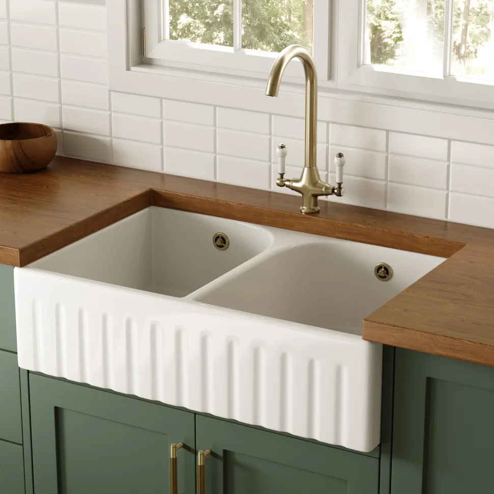 Butler & Rose Fluted Ceramic Fireclay Double Belfast / Butler Kitchen Sink - 795 x 500mm