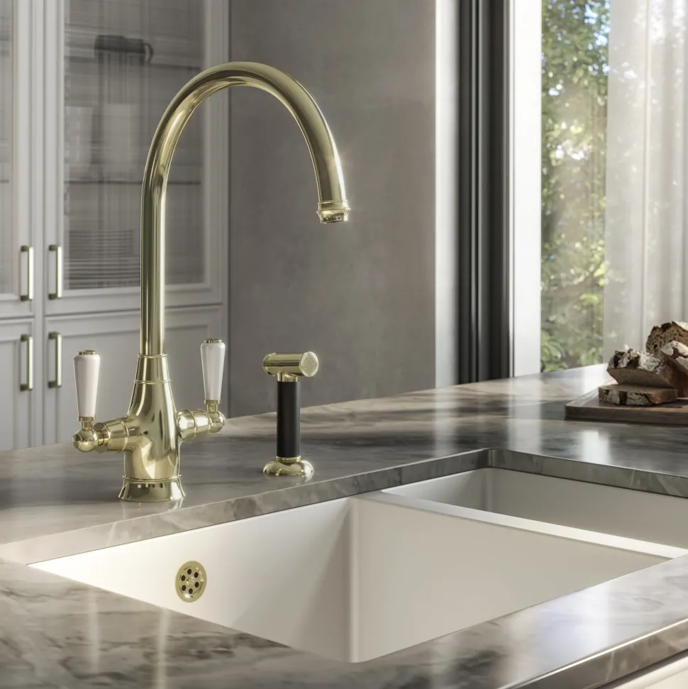 Butler & Rose Ivy Twin Lever Mono Kitchen Mixer Tap with Pull-Out Rinse