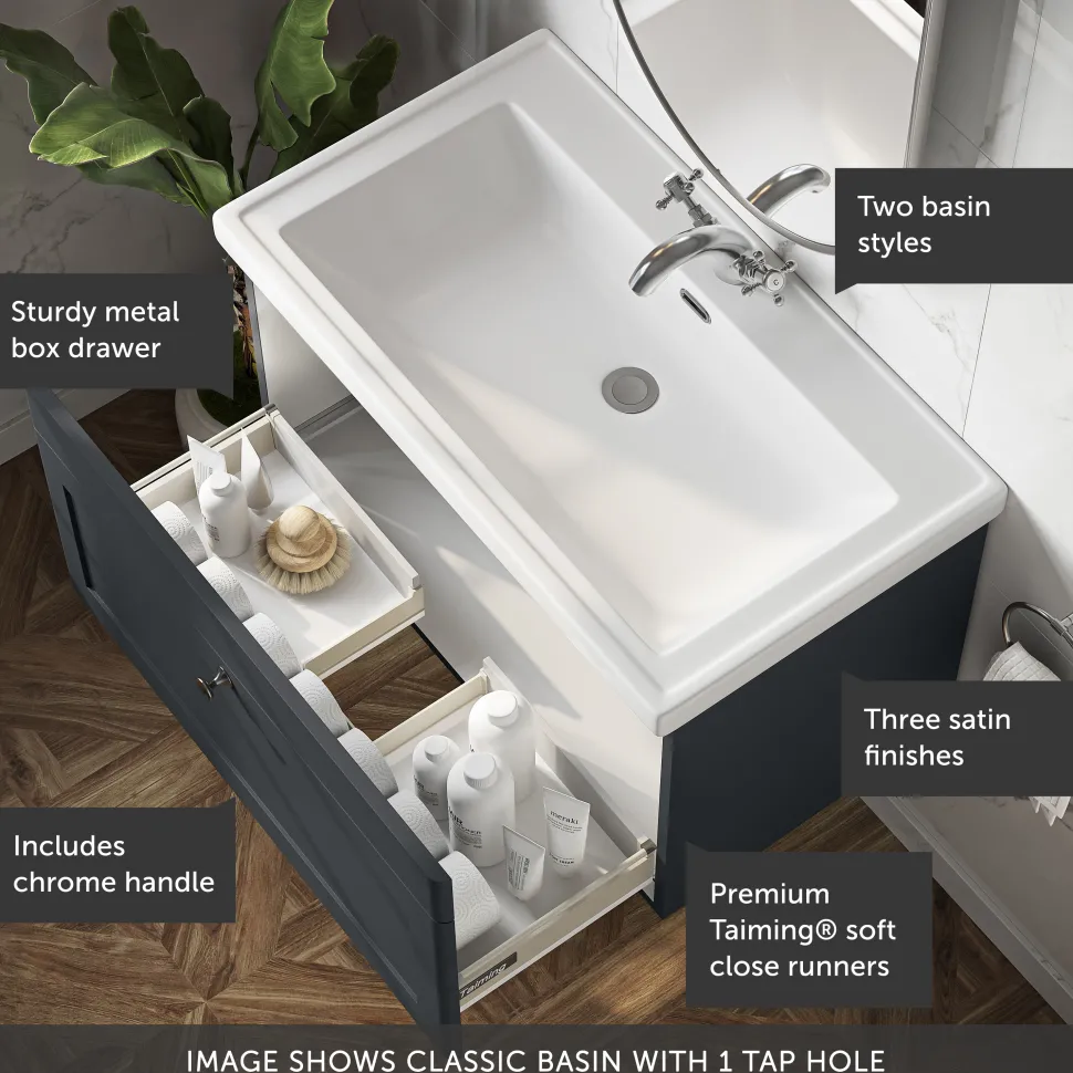 Butler & Rose Ophelia 800mm Wall Mounted 1 Drawer Vanity Unit & Basin