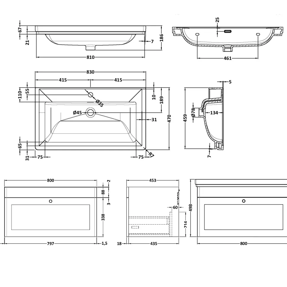 Butler & Rose Ophelia 800mm Wall Mounted 1 Drawer Vanity Unit & Basin