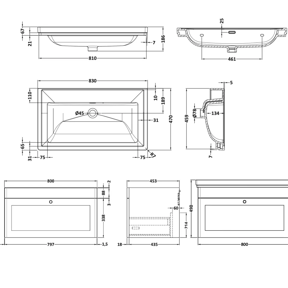 Butler & Rose Ophelia 800mm Wall Mounted 1 Drawer Vanity Unit & Basin