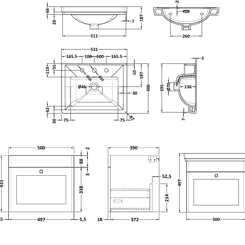 Butler & Rose Ophelia 500mm Wall Mounted 1 Drawer Vanity Unit & Basin