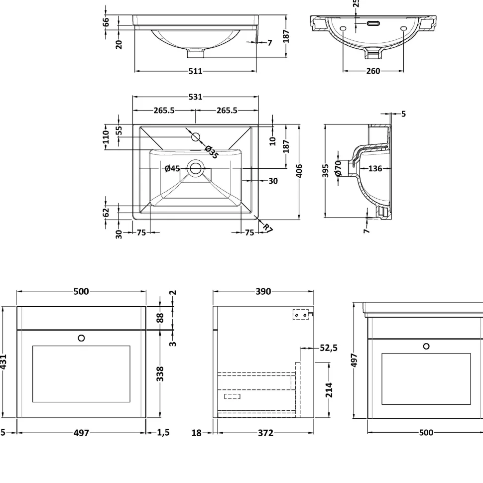 Butler & Rose Ophelia 500mm Wall Mounted 1 Drawer Vanity Unit & Basin