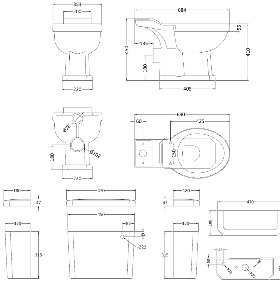 Butler & Rose Ophelia Traditional Toilet & 600mm Floorstanding Vanity Unit Bathroom Suite
