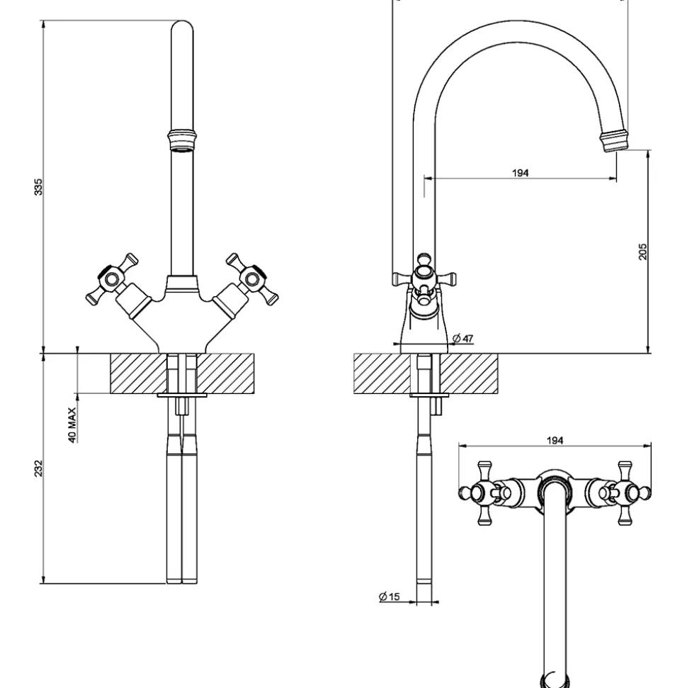 Clearwater Cottage Twin Crosshead Mono Sink Mixer with Swivel Spout