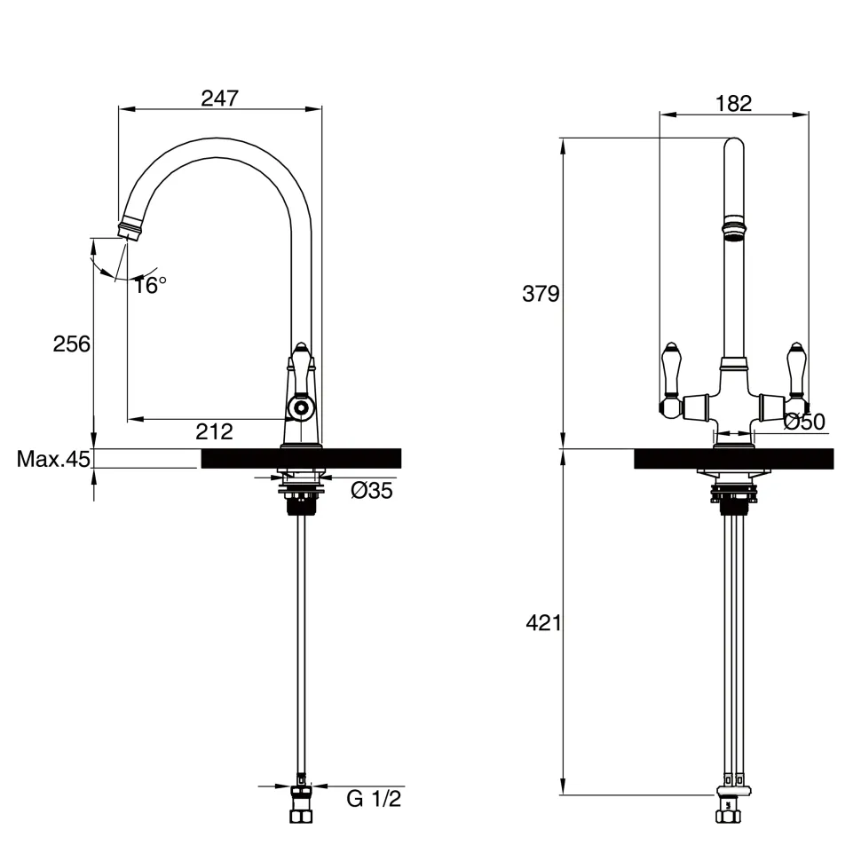 Clearwater Elegance Twin Lever Mono Sink Mixer with Swivel Spout