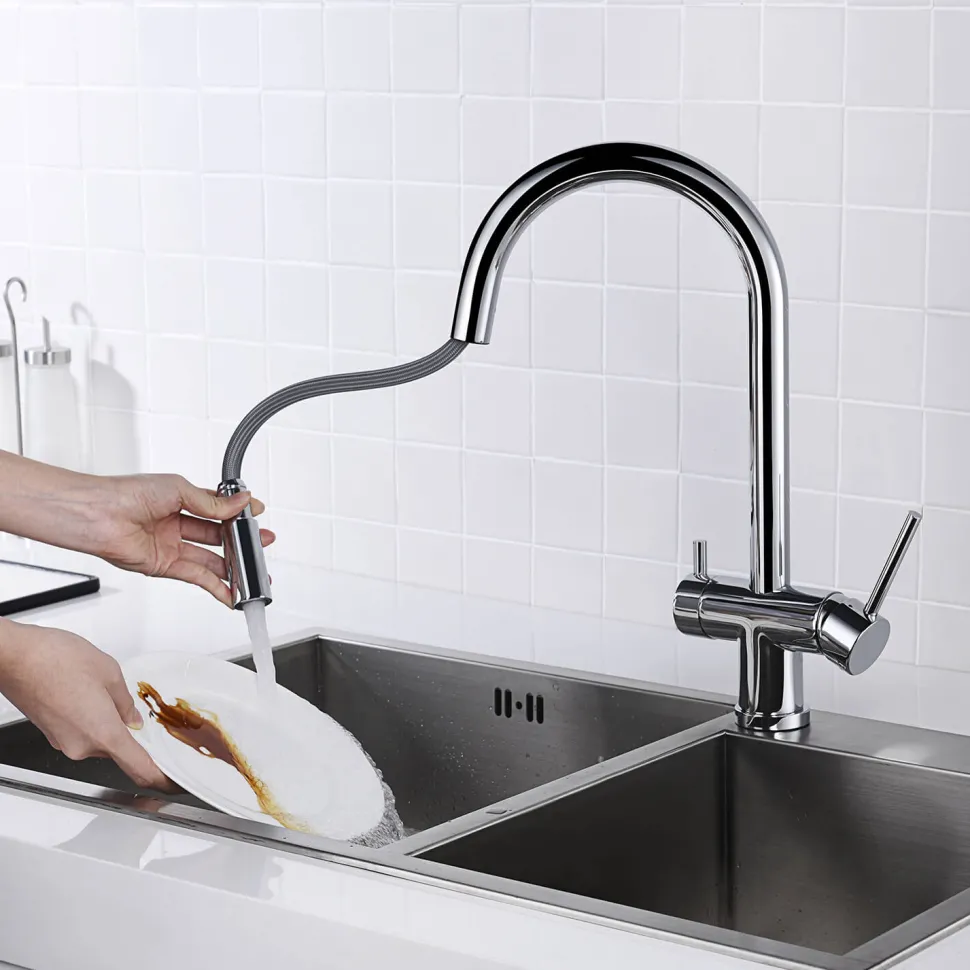 Clearwater Toledo Twin Lever Pull Out Spray Mono Kitchen Mixer and Cold Filtered Water Tap