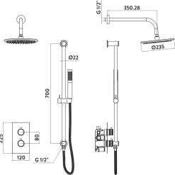 Core Concealed Thermostatic Valve, Fixed Head & Shower Rail Kit