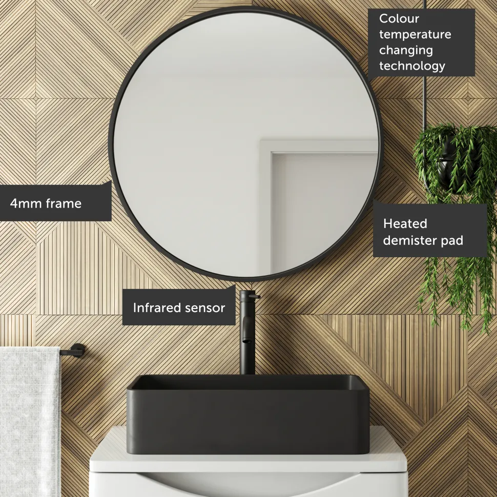 Core LED Illuminated Round Framed Mirror with Demister Pad & Colour Change Lights - 600mm