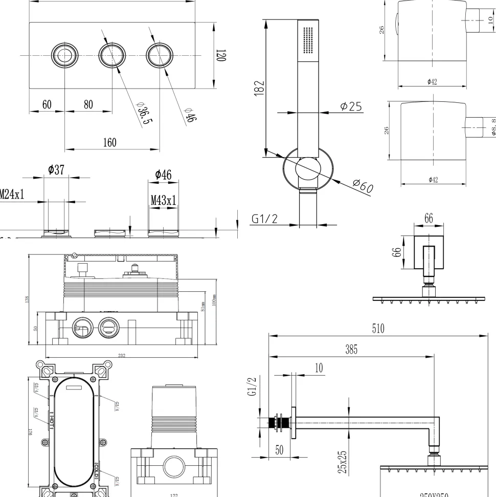 Core Shower Package with 2 Outlet Valve, Fixed Wall Mounted Square Shower Head & Shower Wall Kit