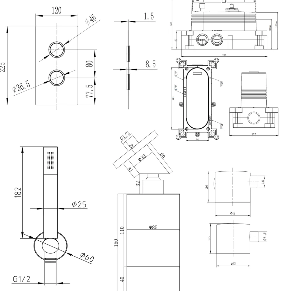 Core Shower Package with 2 Outlet Concealed Valve with Wall Mounted Fluted Spotlight Shower Head & Shower Wall Kit