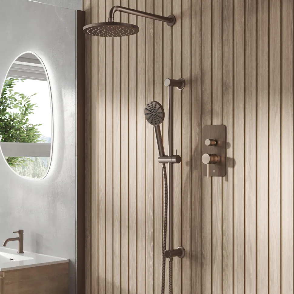 Core Shower Package with 2 Outlet Manual Valve, Fixed Wall Mounted Shower Head & Fluted Handset Slide Rail Kit
