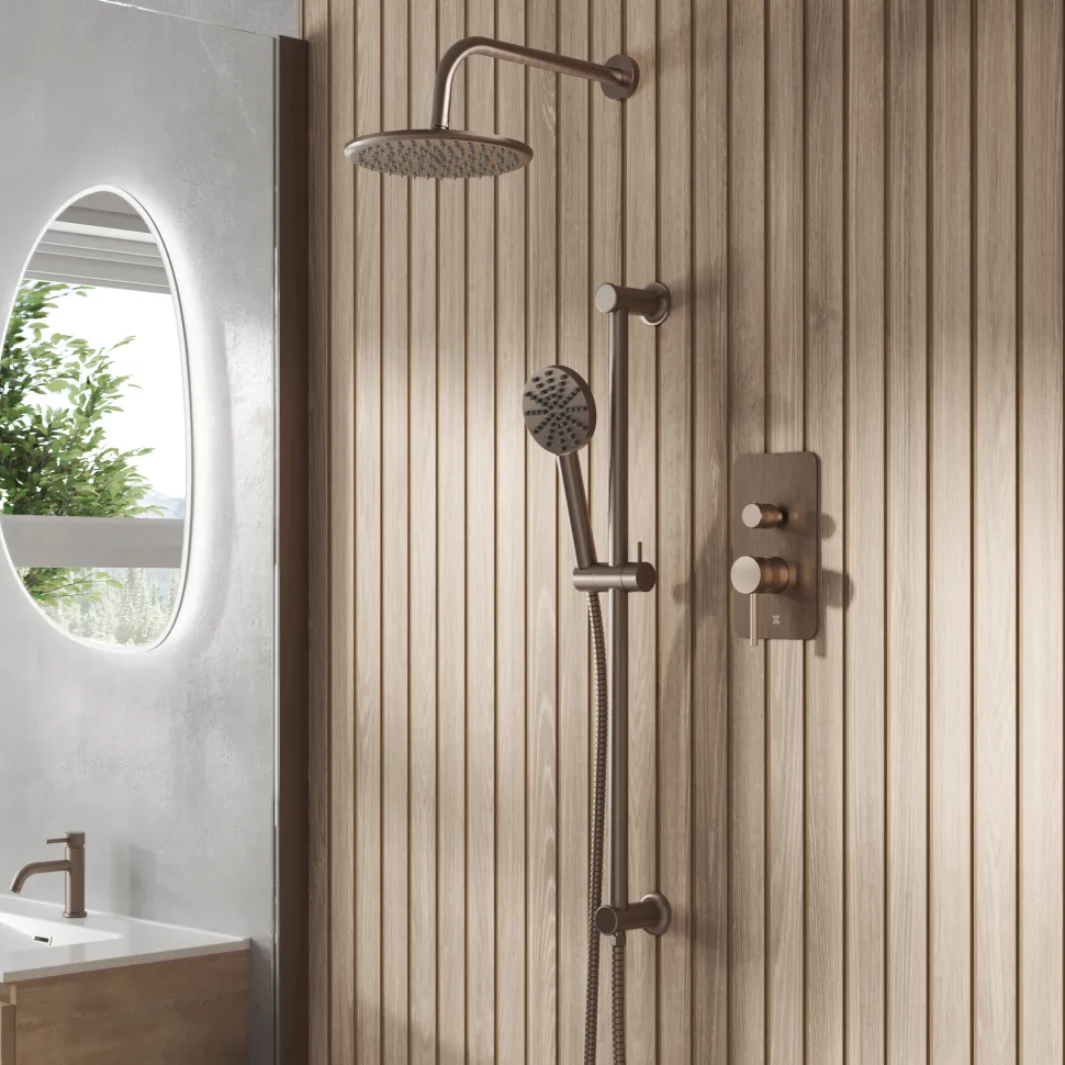 Core Shower Package with 2 Outlet Manual Valve, Fixed Wall Mounted Shower Head & Fluted Handset Slide Rail Kit