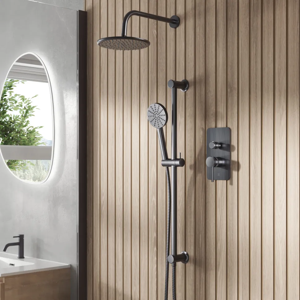 Core Shower Package with 2 Outlet Manual Valve, Fixed Wall Mounted Shower Head & Fluted Handset Slide Rail Kit