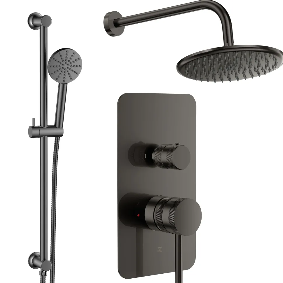 Core Shower Package with 2 Outlet Manual Valve, Fixed Wall Mounted Shower Head & Fluted Handset Slide Rail Kit