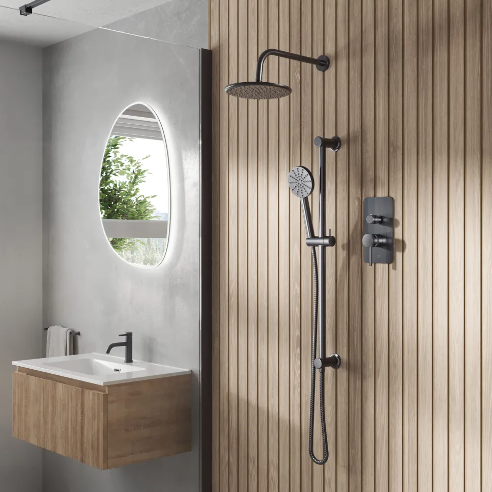 Core Shower Package with 2 Outlet Manual Valve, Fixed Wall Mounted Shower Head & Fluted Handset Slide Rail Kit