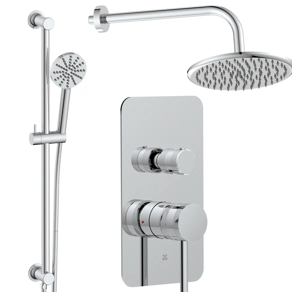 Core Shower Package with 2 Outlet Manual Valve, Fixed Wall Mounted Shower Head & Fluted Handset Slide Rail Kit