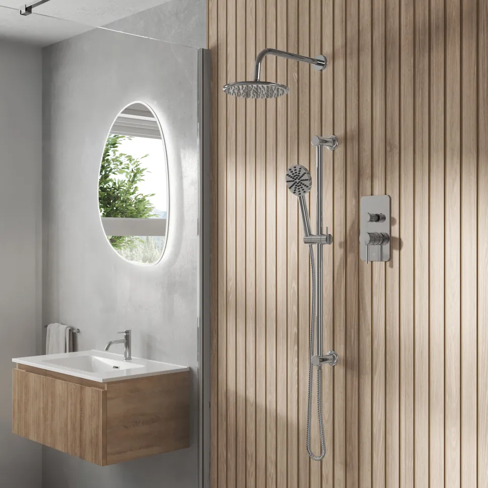 Core Shower Package with 2 Outlet Manual Valve, Fixed Wall Mounted Shower Head & Fluted Handset Slide Rail Kit