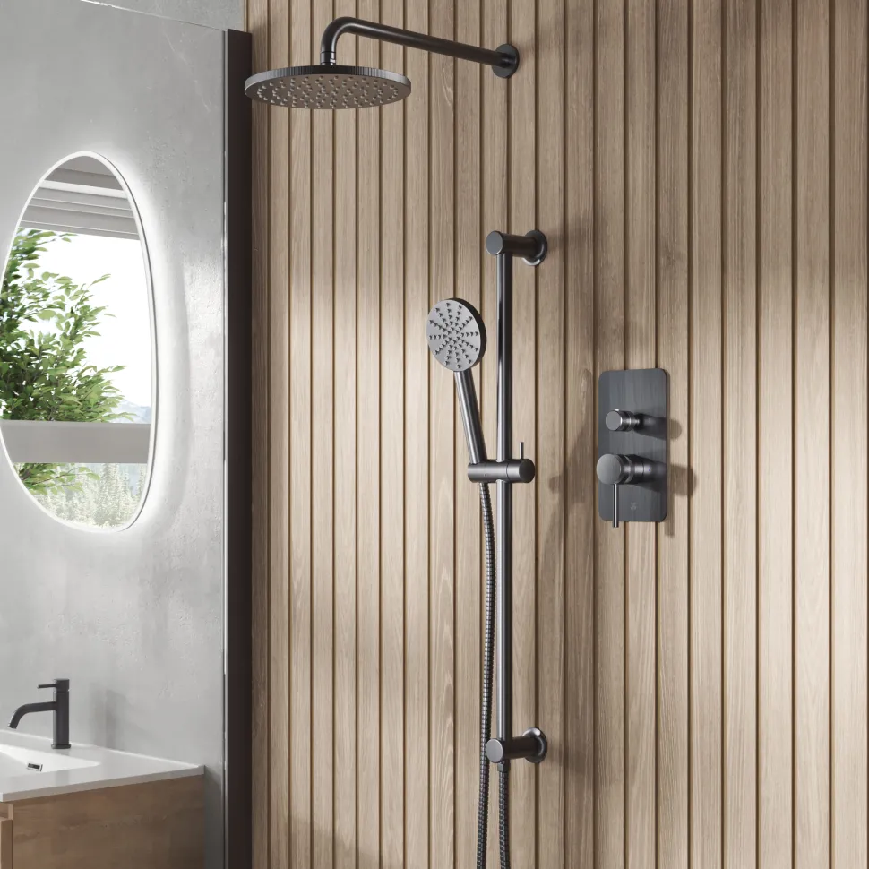 Core Shower Package with 2 Outlet Manual Valve, Fixed Wall Mounted Shower Head & Fluted Handset Slide Rail Kit