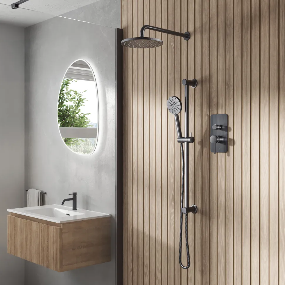 Core Shower Package with 2 Outlet Manual Valve, Fixed Wall Mounted Shower Head & Fluted Handset Slide Rail Kit