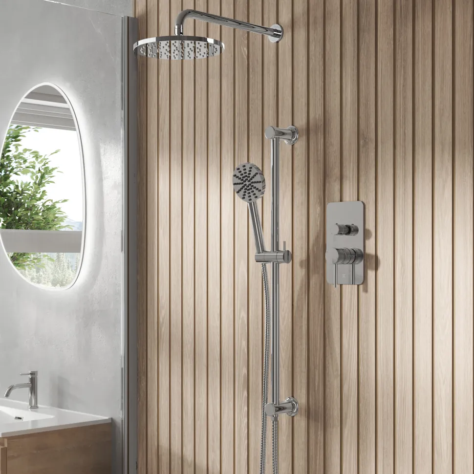 Core Shower Package with 2 Outlet Manual Valve, Fixed Wall Mounted Shower Head & Fluted Handset Slide Rail Kit