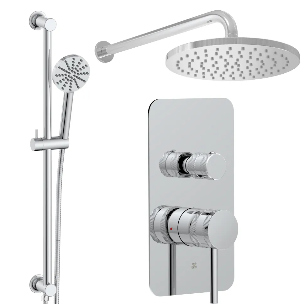 Core Shower Package with 2 Outlet Manual Valve, Fixed Wall Mounted Shower Head & Fluted Handset Slide Rail Kit