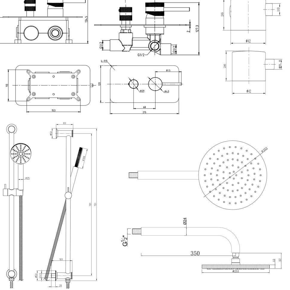 Core Shower Package with 2 Outlet Manual Valve, Fixed Wall Mounted Shower Head & Fluted Handset Slide Rail Kit