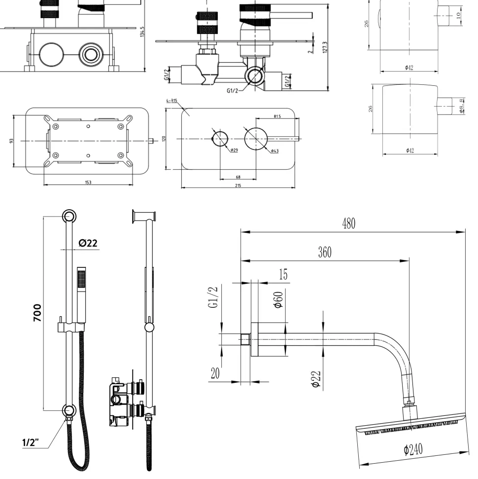 Core Shower Package with 2 Outlet Manual Valve, Fixed Wall Mounted Shower Head & Microphone Handset Slide Rail Kit