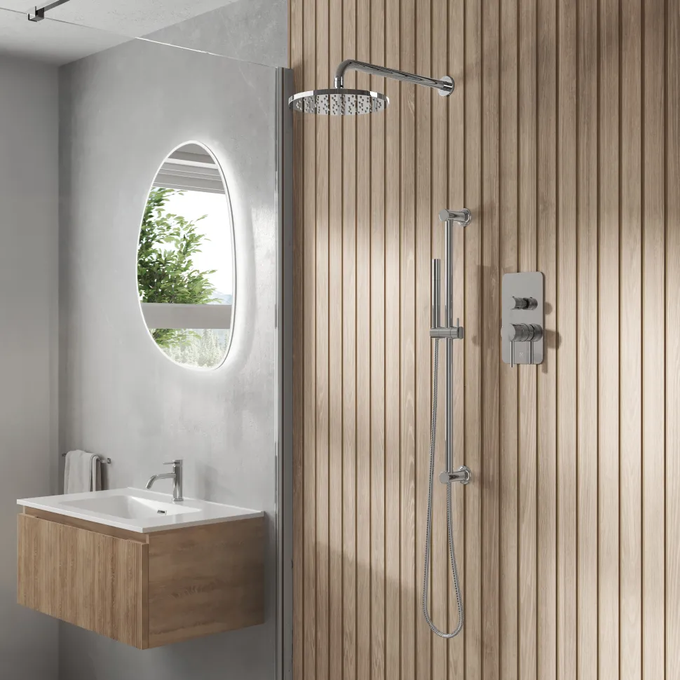 Core Shower Package with 2 Outlet Manual Valve, Fixed Wall Mounted Shower Head & Microphone Handset Slide Rail Kit