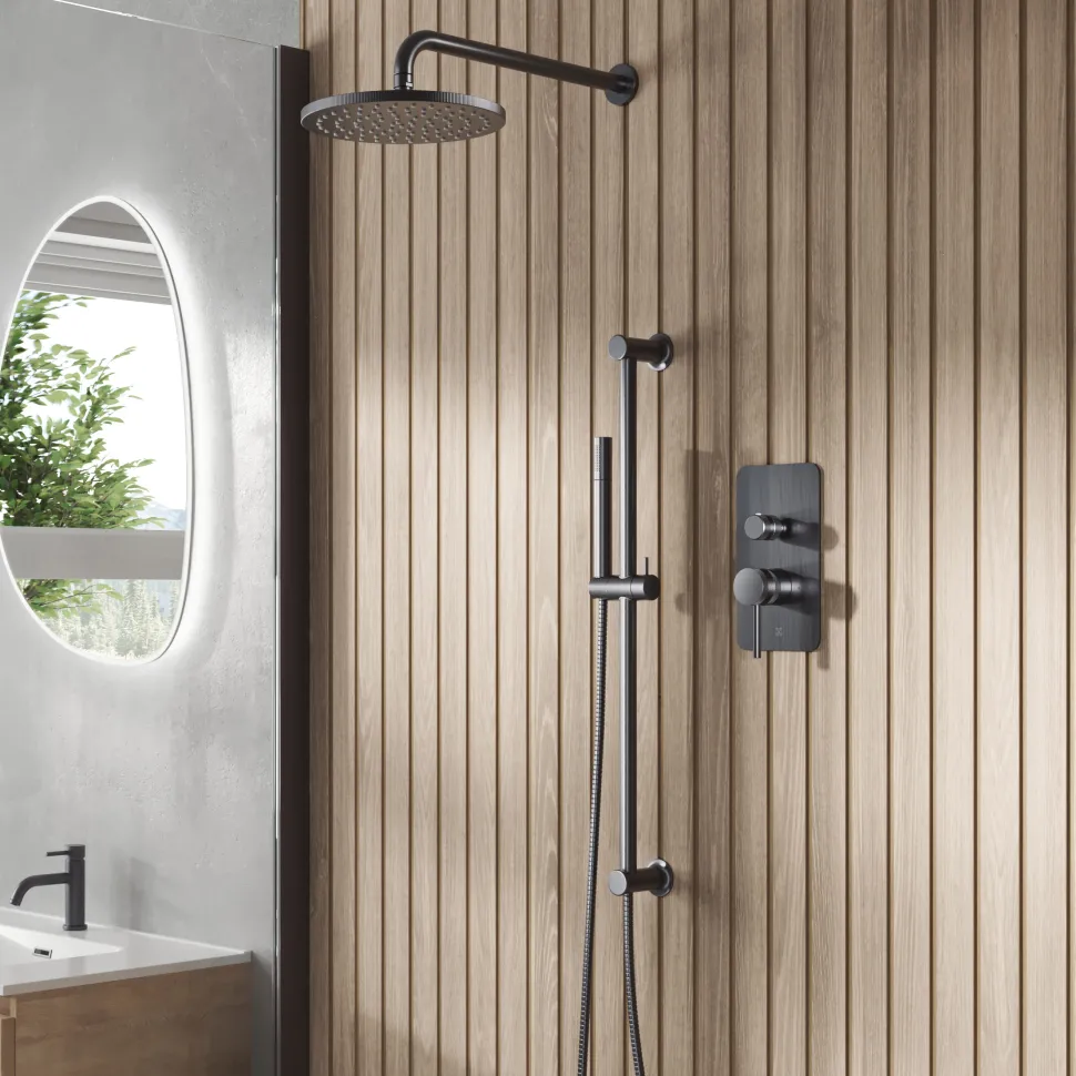 Core Shower Package with 2 Outlet Manual Valve, Fixed Wall Mounted Shower Head & Microphone Handset Slide Rail Kit