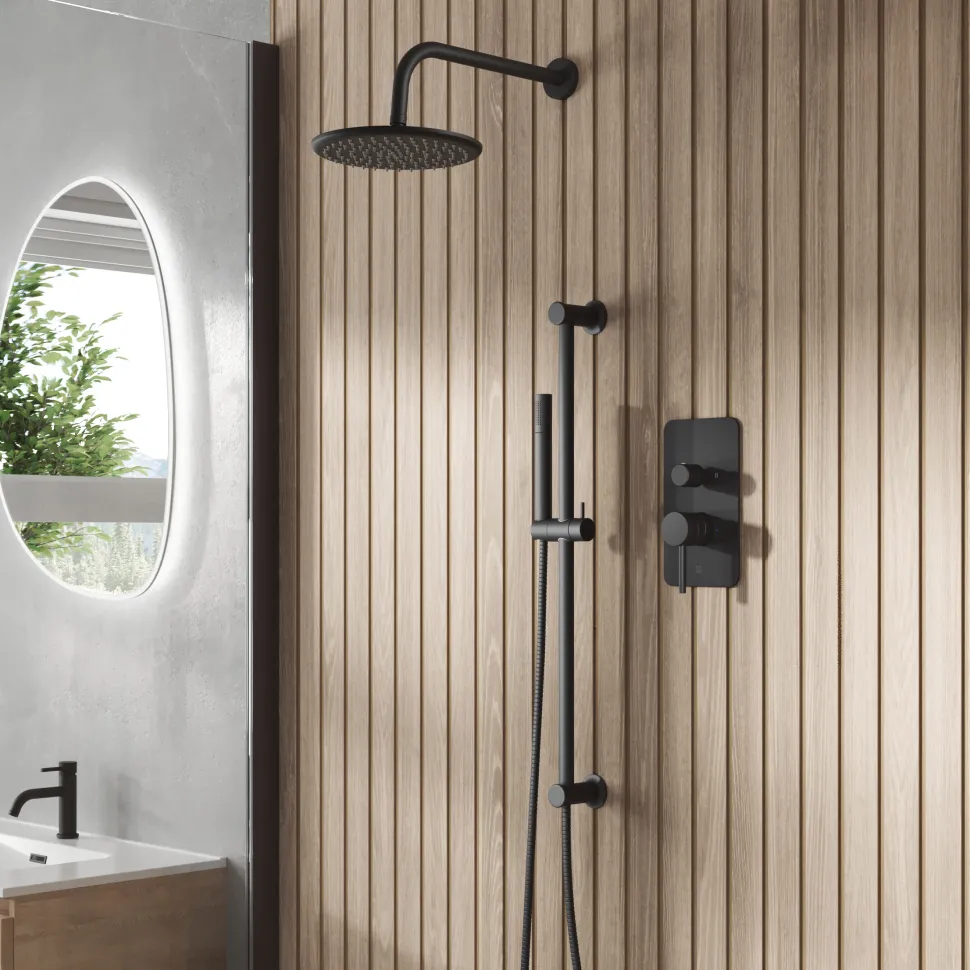Core Shower Package with 2 Outlet Manual Valve, Fixed Wall Mounted Shower Head & Microphone Handset Slide Rail Kit