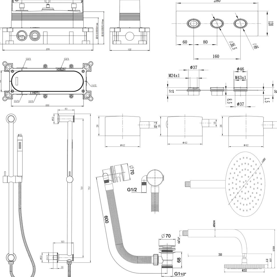 Core Shower Package with 3 Outlet Concealed Valve, Fixed Shower Head, Slide Rail Kit & Overflow Bath Filler