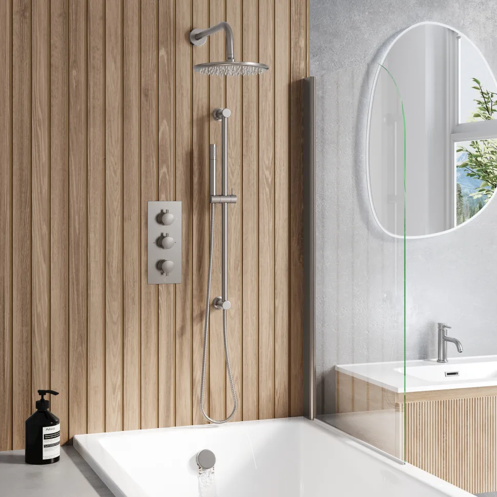 Core Shower Package with 3 Outlet Concealed Valve, Fixed Shower Head, Slide Rail Kit & Overflow Bath Filler