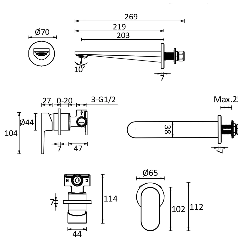 Crosswater Drift 2 Hole Wall Mounted Basin Mixer Tap