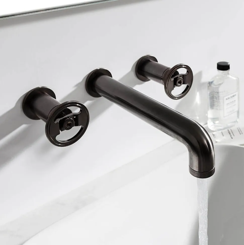 Crosswater Union 3 Hole Wall Mounted Basin Mixer Tap with Wheels - Brushed Black Chrome