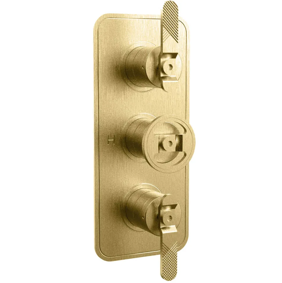 Crosswater Union 2 Outlet 3 Handle Concealed Thermostatic Shower Valve with Wheel & Levers - Brushed Brass