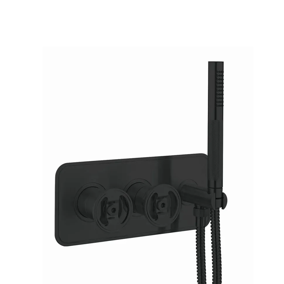 Crosswater Union WRAS Approved 2 Outlet Concealed Thermostatic Bath Shower Valve with Wheels & Shower Handset - Matt Black